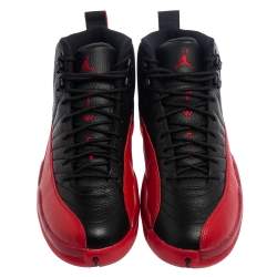 Pre Owned Air Jordan Black/Varsity Red Leather Flu Game Jordan 12 Retro Sneakers Size 42.5