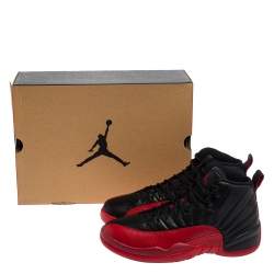 Pre Owned Air Jordan Black/Varsity Red Leather Flu Game Jordan 12 Retro Sneakers Size 42.5
