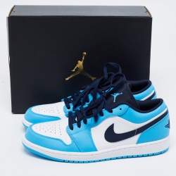 Nike Air Jordan White/Blue Leather Jordan 1 Retro Low Top Sneakers Size 44