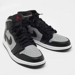 Pre Owned Air Jordan 1 Black/Grey Leather Mid Shadow Sneakers Size 43