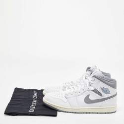 Pre Owned Air Jordans White/Grey Leather Jordan 1Mid Neutral Grey Sneakers Size 45