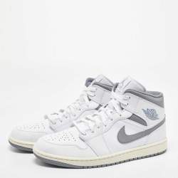 Pre Owned Air Jordans White/Grey Leather Jordan 1Mid Neutral Grey Sneakers Size 45