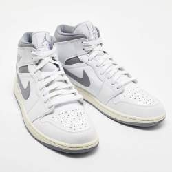 Pre Owned Air Jordans White/Grey Leather Jordan 1Mid Neutral Grey Sneakers Size 45