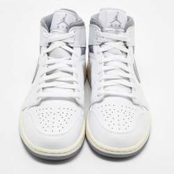 Pre Owned Air Jordans White/Grey Leather Jordan 1Mid Neutral Grey Sneakers Size 45