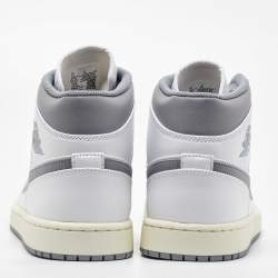 Pre Owned Air Jordans White/Grey Leather Jordan 1Mid Neutral Grey Sneakers Size 45