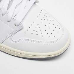 Pre Owned Air Jordans White/Grey Leather Jordan 1Mid Neutral Grey Sneakers Size 45