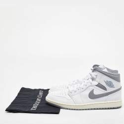 Pre Owned Air Jordans White/Grey Leather Jordan 1Mid Neutral Grey Sneakers Size 45