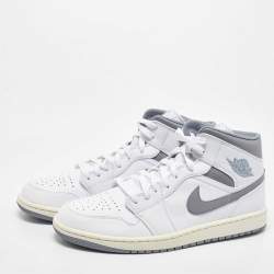 Pre Owned Air Jordans White/Grey Leather Jordan 1Mid Neutral Grey Sneakers Size 45
