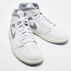 Pre Owned Air Jordans White/Grey Leather Jordan 1Mid Neutral Grey Sneakers Size 45