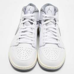 Pre Owned Air Jordans White/Grey Leather Jordan 1Mid Neutral Grey Sneakers Size 45