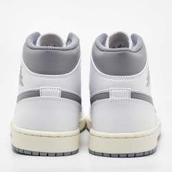 Pre Owned Air Jordans White/Grey Leather Jordan 1Mid Neutral Grey Sneakers Size 45