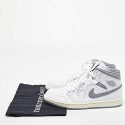 Pre Owned Air Jordan White/Grey Leather Jordan 1Mid Neutral Grey Sneakers Size 42