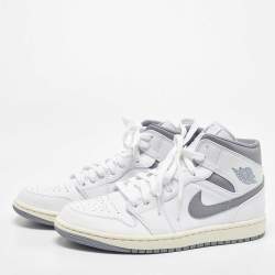 Pre Owned Air Jordan White/Grey Leather Jordan 1Mid Neutral Grey Sneakers Size 42