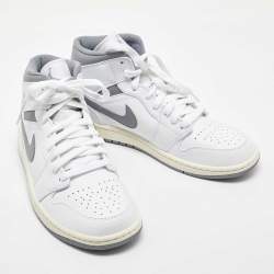 Pre Owned Air Jordan White/Grey Leather Jordan 1Mid Neutral Grey Sneakers Size 42