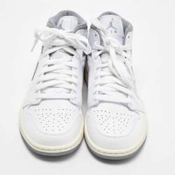 Pre Owned Air Jordan White/Grey Leather Jordan 1Mid Neutral Grey Sneakers Size 42