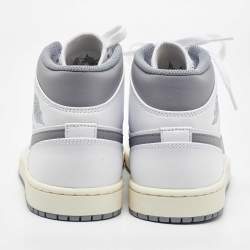 Pre Owned Air Jordan White/Grey Leather Jordan 1Mid Neutral Grey Sneakers Size 42