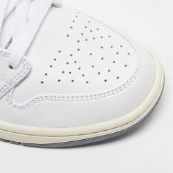 Pre Owned Air Jordan White/Grey Leather Jordan 1Mid Neutral Grey Sneakers Size 42