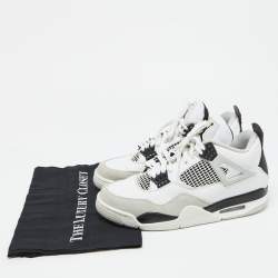 Pre Owned Air Jordans White/Black Leather Jordan 4 Retro Military Black Sneakers Size 42.5