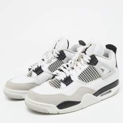 Pre Owned Air Jordans White/Black Leather Jordan 4 Retro Military Black Sneakers Size 42.5