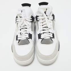 Pre Owned Air Jordans White/Black Leather Jordan 4 Retro Military Black Sneakers Size 42.5