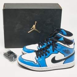 Pre Owned Air Jordans Multicolor Patent and Leather Jordan 1 Mid Signal Blue Sneakers Size 43
