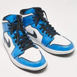 Pre Owned Air Jordans Multicolor Patent and Leather Jordan 1 Mid Signal Blue Sneakers Size 43