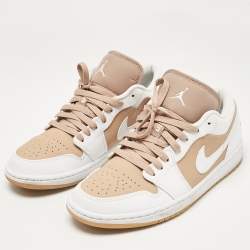 Pre Owned Air Jordans Beige/White Leather Jordan 1 Low Hemp White Sneakers Size 43