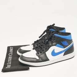 Pre Owned Air Jordans White/Black Leather Jordan 1 Mid Racer Blue Sneakers Size 47.5