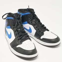 Pre Owned Air Jordans White/Black Leather Jordan 1 Mid Racer Blue Sneakers Size 47.5