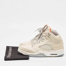 Pre Owned Air Jordans Cream Nubuck Leather and Suede Jordan 5 High Top Sneakers Size 44