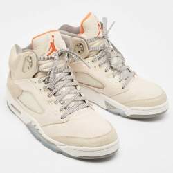 Pre Owned Air Jordans Cream Nubuck Leather and Suede Jordan 5 High Top Sneakers Size 44