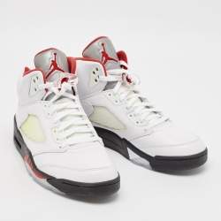Pre Owned Air Jordans White Leather Jordan 5 Retro Fire Red Silver Tongue Sneakers Size 46