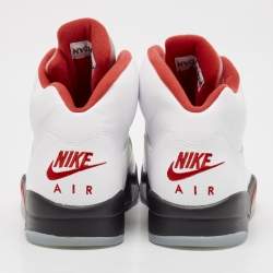 Pre Owned Air Jordans White Leather Jordan 5 Retro Fire Red Silver Tongue Sneakers Size 46