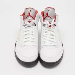 Pre Owned Air Jordans White Leather Jordan 5 Retro Fire Red Silver Tongue Sneakers Size 46