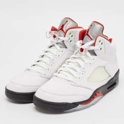 Pre Owned Air Jordans White Leather Jordan 5 Retro Fire Red Silver Tongue Sneakers Size 46