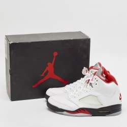 Pre Owned Air Jordans White Leather Jordan 5 Retro Fire Red Silver Tongue Sneakers Size 46