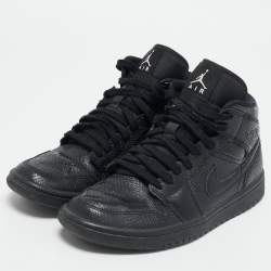 Air Jordans Black Snakeskin Embossed Leather Air Jordan 1 High Top Sneakers Size 40