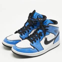 Air Jordans Blue/White Patent and Leather Jordan 1 Mid Signal Blue Sneakers Size 42