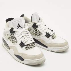 Pre Owned Air Jordans White/Black Leather Jordan 4 Retro Military Black Sneakers Size 41