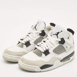 Pre Owned Air Jordans White/Black Leather Jordan 4 Retro Military Black Sneakers Size 41