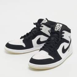 Pre Owned Air Jordans White/Black Leather and Durabuck Leather Jordan 1 Mid Diamond Shorts Sneakers Size 45