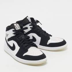 Pre Owned Air Jordans White/Black Leather and Durabuck Leather Jordan 1 Mid Diamond Shorts Sneakers Size 45