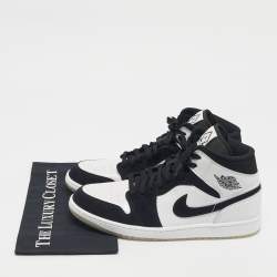Pre Owned Air Jordans White/Black Leather and Durabuck Leather Jordan 1 Mid Diamond Shorts Sneakers Size 45