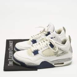 Pre Owned Air Jordans White Leather Jordan 4 Retro Midnight Navy Sneakers Size 41