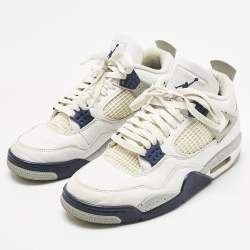 Pre Owned Air Jordans White Leather Jordan 4 Retro Midnight Navy Sneakers Size 41