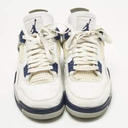 Pre Owned Air Jordans White Leather Jordan 4 Retro Midnight Navy Sneakers Size 41