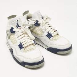 Pre Owned Air Jordans White Leather Jordan 4 Retro Midnight Navy Sneakers Size 41