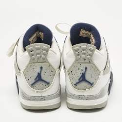 Pre Owned Air Jordans White Leather Jordan 4 Retro Midnight Navy Sneakers Size 41