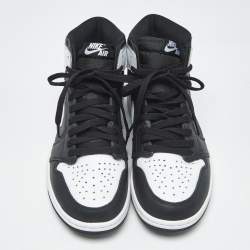 Pre Owned Air Jordans Black Leather Jordan 1 Retro High OG Black White Sneakers Size 41