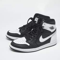 Pre Owned Air Jordans Black Leather Jordan 1 Retro High OG Black White Sneakers Size 41